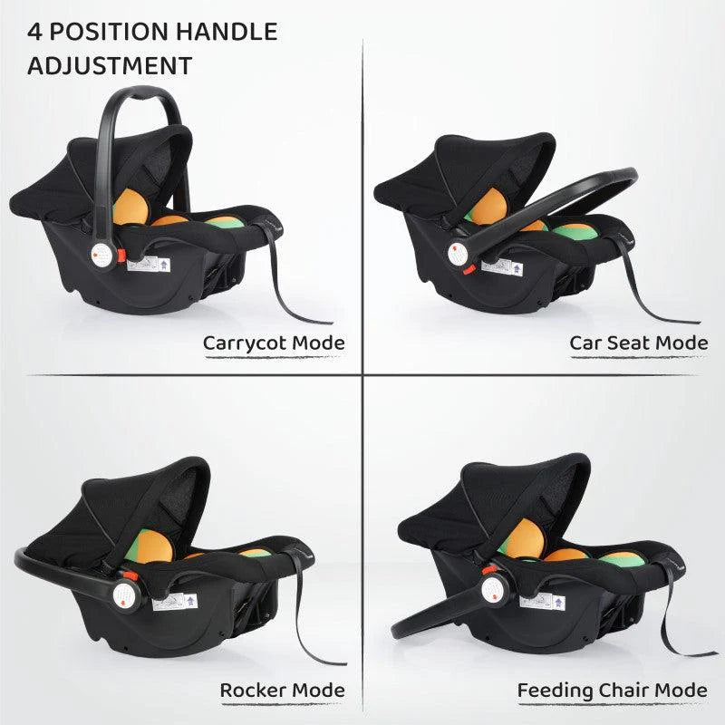 Black R For Rabbit Picabo 4-in-1 Baby Carrycot and Car Seat with vibrant orange and green padded interior, a sturdy handle, and a protective canopy. Designed for safe infant travel and comfort. From uSmile.toys." www.usmile.toys